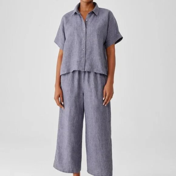 NWT Eileen Fisher | Striped Organic Linen Crinkle Short-Sleeve Shirt - Picture 10 of 11